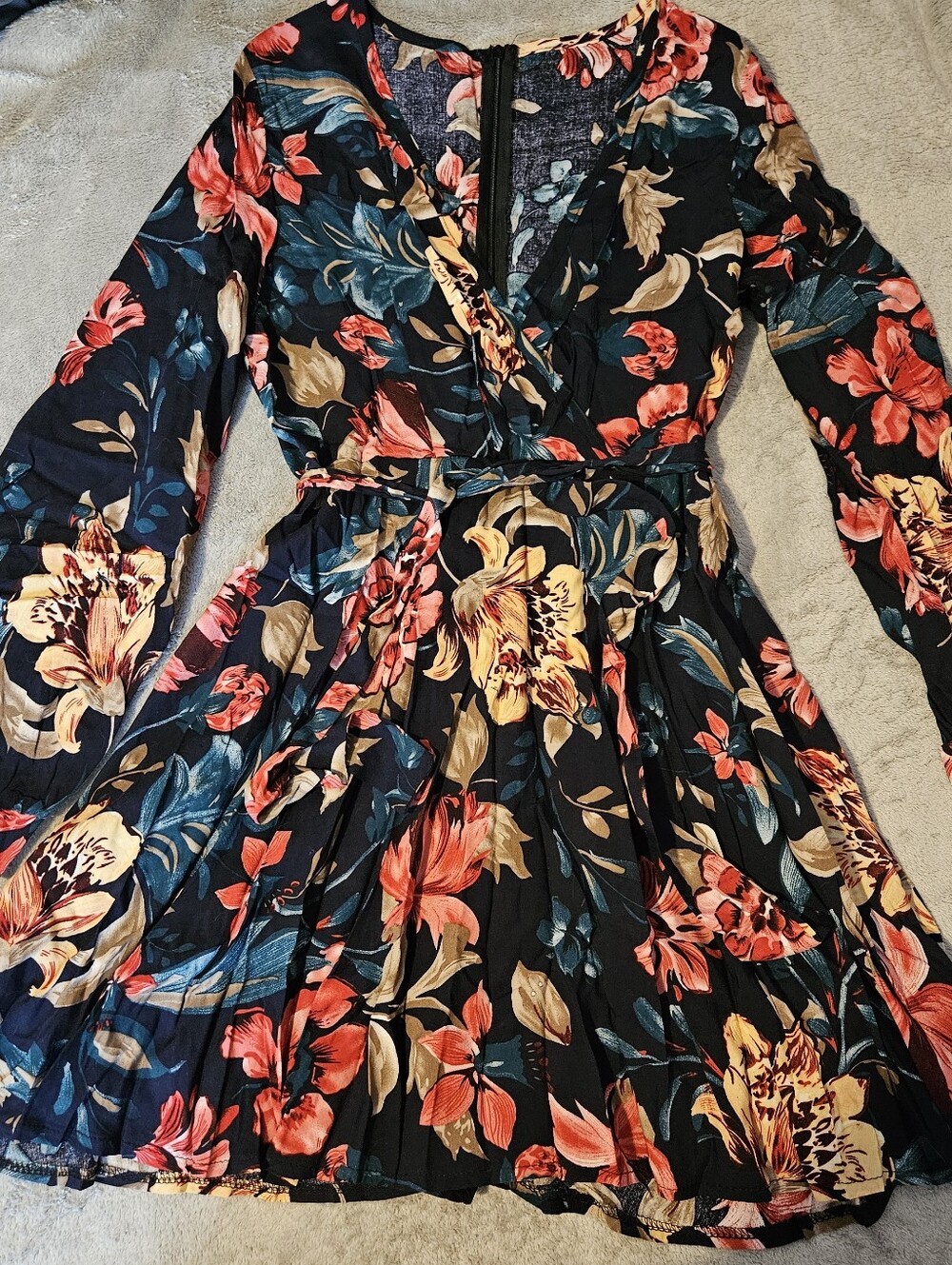 Green Pink Floral Print Surplice Front Belted Dress